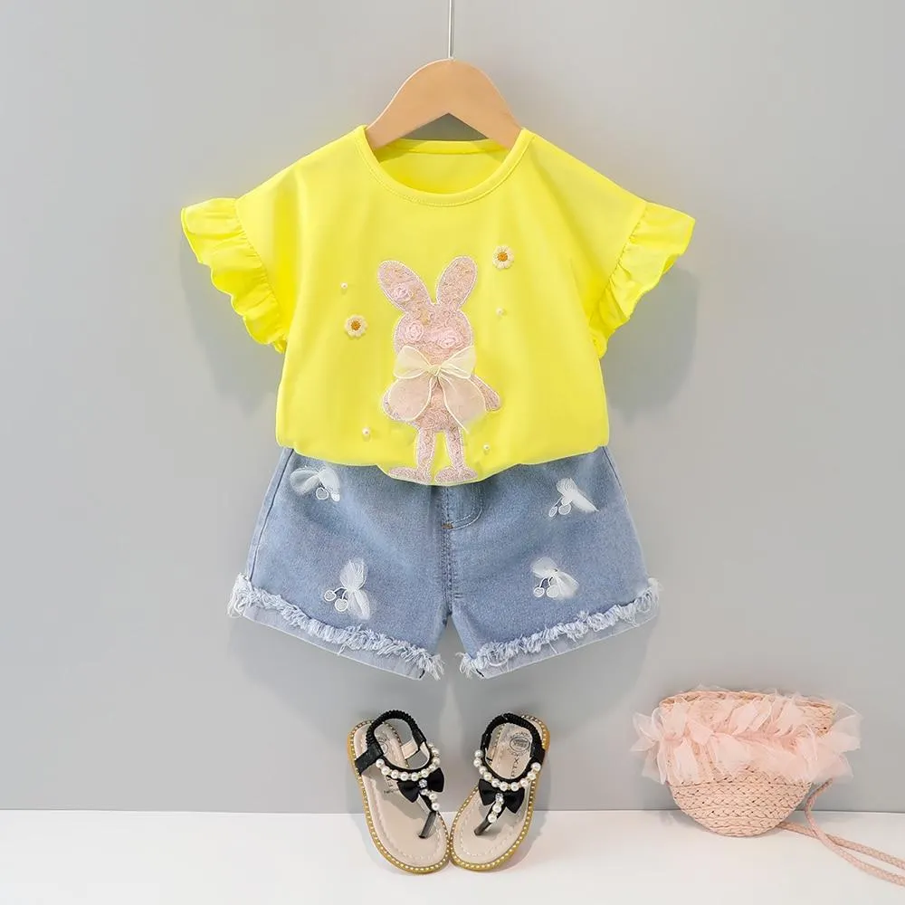 Cute Lace Clothes Girls Outfit T-Shirt + Hole Shorts Dress 2021 Summer Fashion Cotton Cartoon Baby Toddler Fly Sleeves Outfits