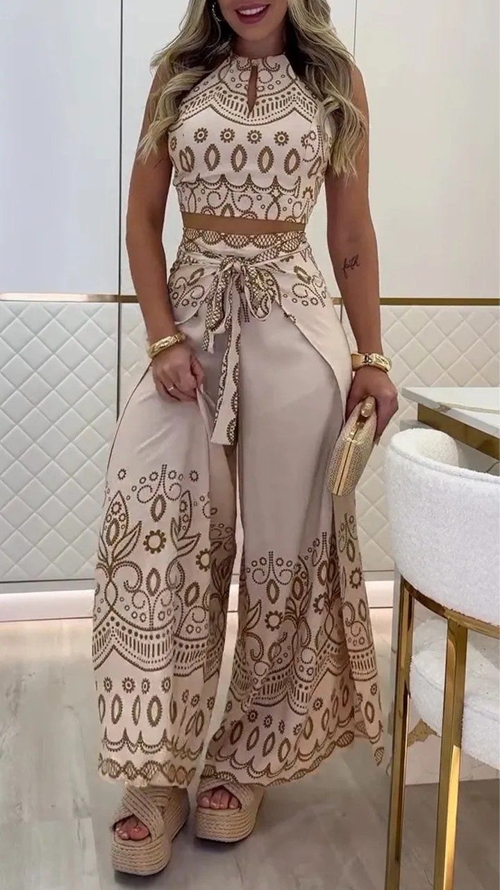 Women's Retro Ethnic Style Halter Top Wide Leg Pants Set