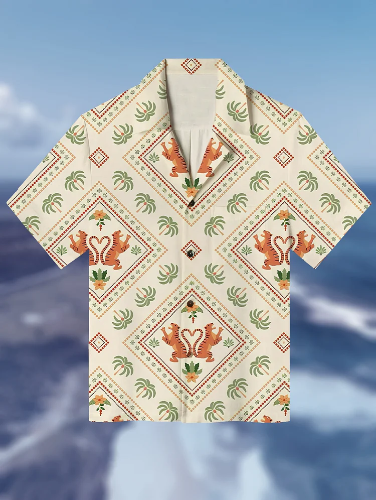 Men's Tiger Coconut Tree Geometric Print Short Sleeve Shirt