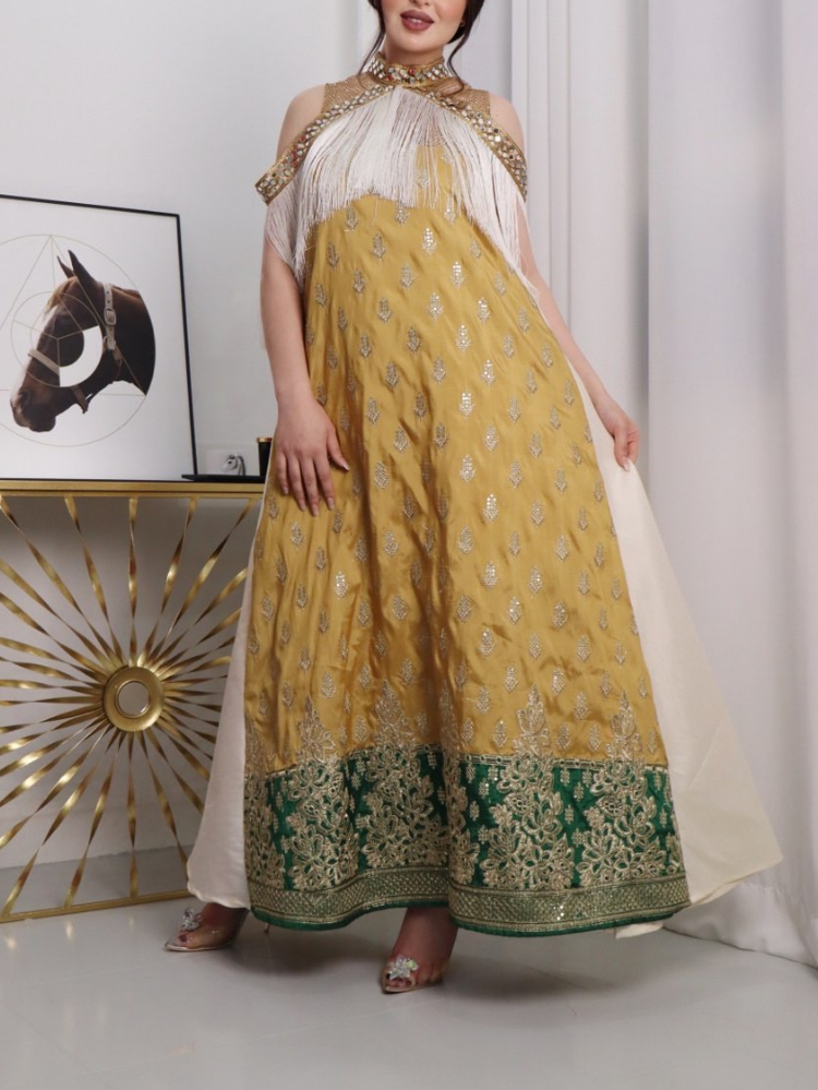 Mock neck tassel cold shoulder beaded sequins embroidery stunning kaftan dress فساتين