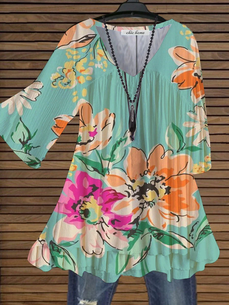 Casual V-neck Fashion Floral Printed Tops