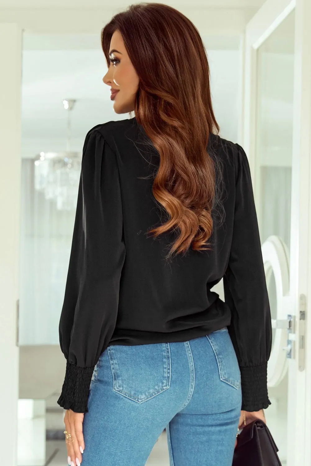 Elegant Black Drape Sleeve V-Neck Blouse