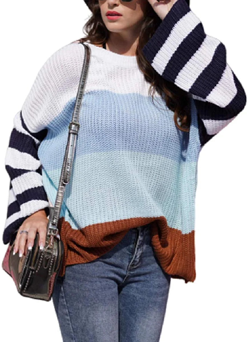 Womens Casual Crew Neck Color Block Oversized Lightweight Sweater Long Sleeve Knit Pullover Jumper Tops