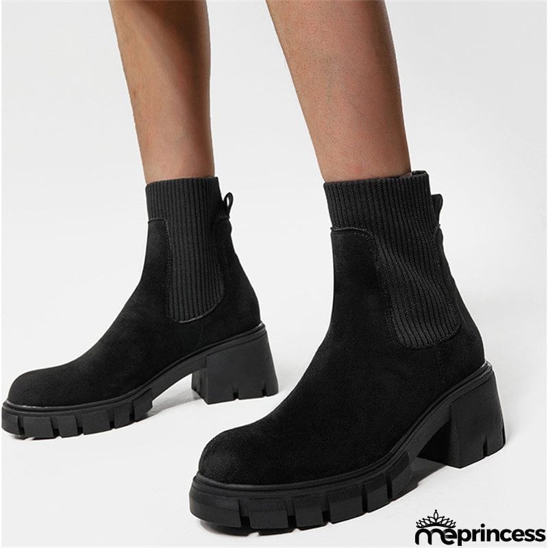 Winter Daily Women Chunky Heels Suede Chelsea Martin Boots