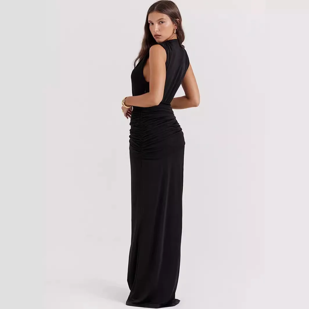 Uveng Uveng Girls Wear A New Women's Wear Sexy Deep V Slit Pleated Long Skirt Black Dress Long