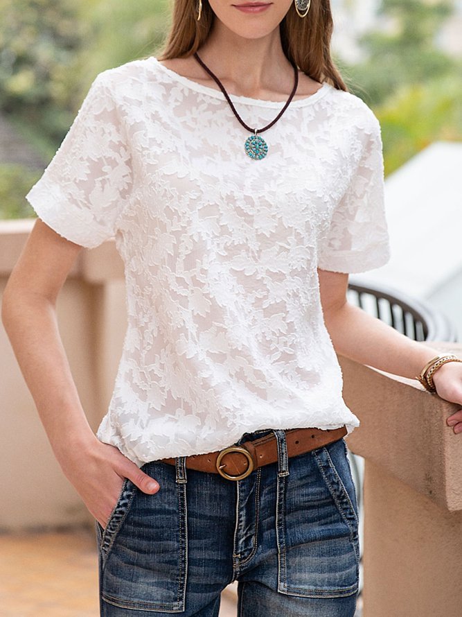Women Jacquard Chiffon Crew Neck Short Sleeve Top Zaesvini