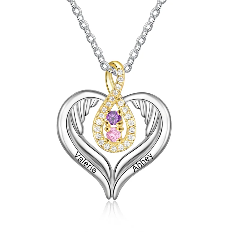Heart Angel Wings Necklace Custom 2 Birthstones Infinity Necklace