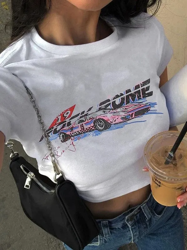 Brownm 2000s crop top with motorcycle print