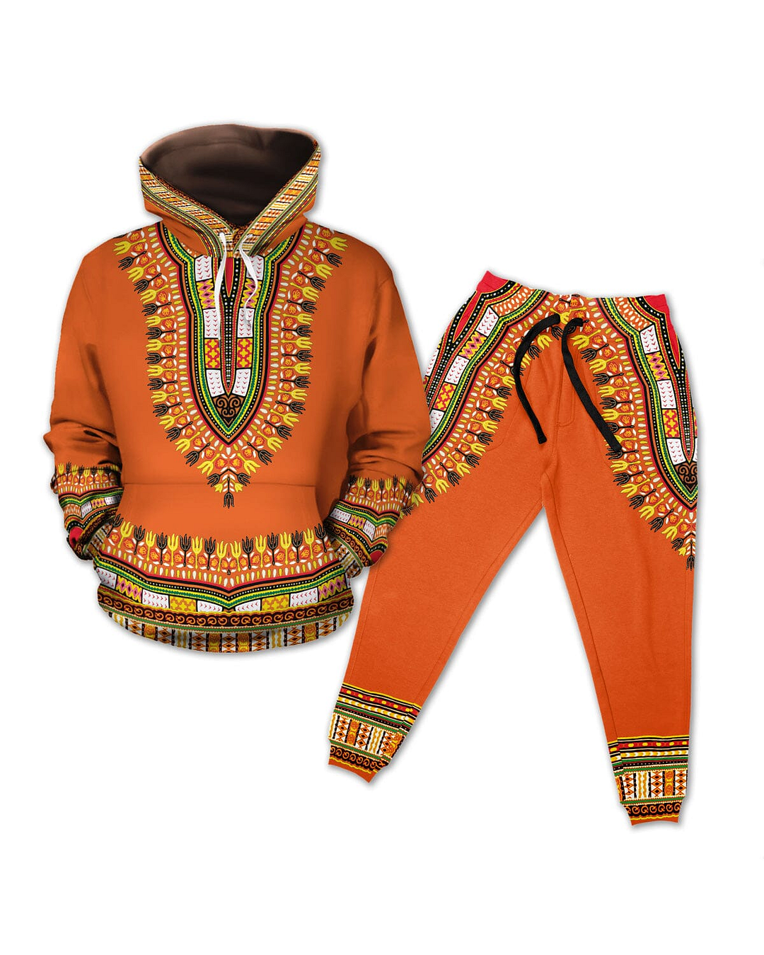 Printed Dashiki In Orange Fleece All-over Hoodie And Joggers Set