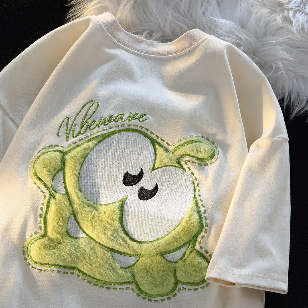 Sonicelife Letter Embroidery Shirt Women Clothes High Street Vintage Flocked Hip Hop Shirts for Women Clothing Loose Casual Women T Shirt