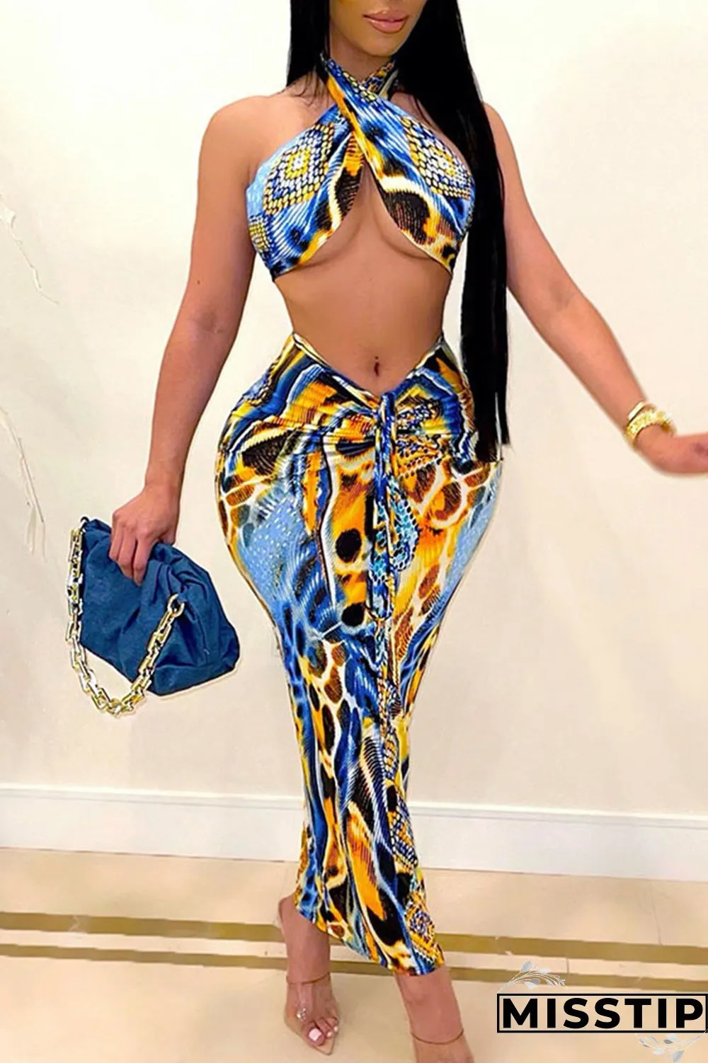 Blue Orange Sexy Print Bandage Patchwork Frenulum Fold Halter Sleeveless Two Pieces
