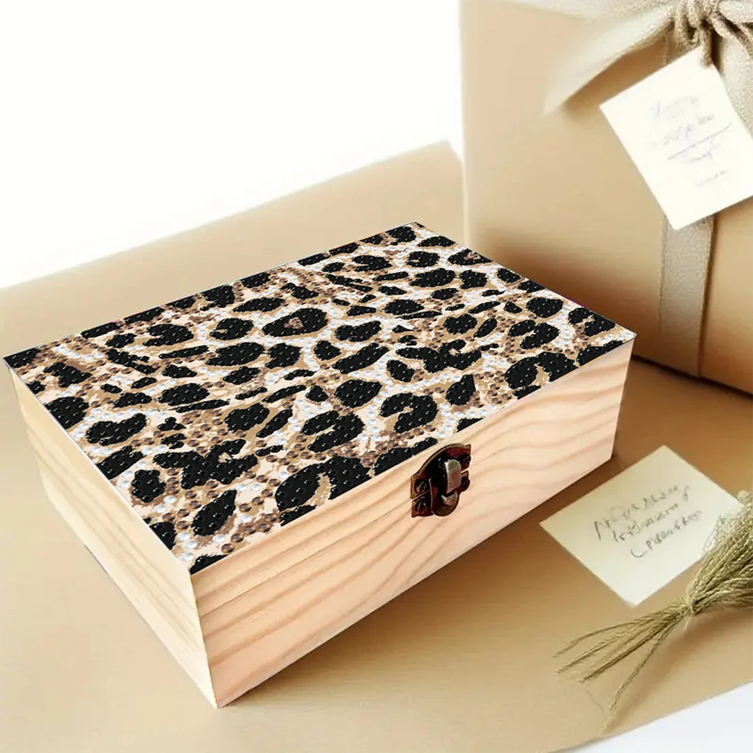 5D DIY Diamond Painting Handmade Wood Storage Box for Home Decor (Leopard Print)