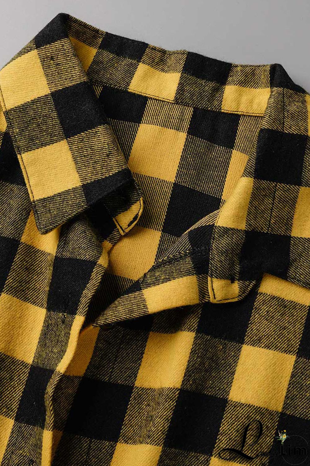 Yellow Casual Street Plaid Print Patchwork Buckle Asymmetrical Turndown Collar Tops