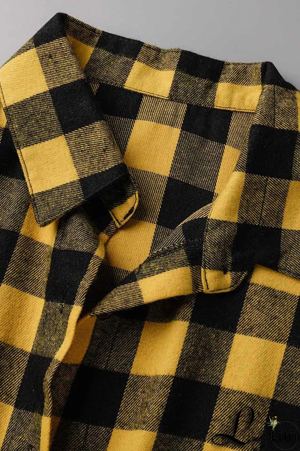 Yellow Casual Street Plaid Print Patchwork Buckle Asymmetrical Turndown Collar Tops