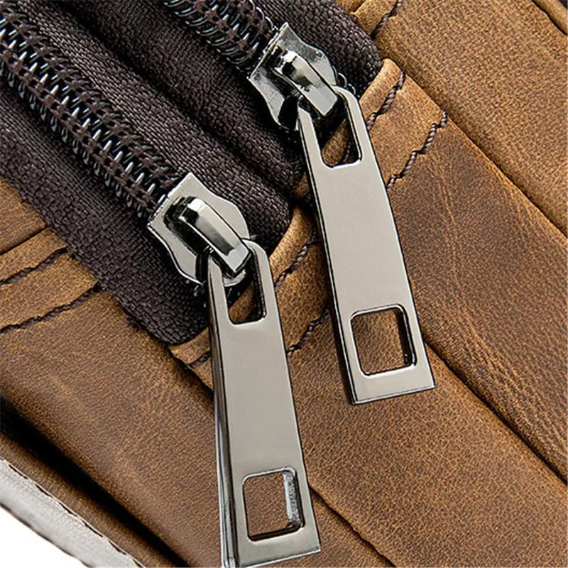 Men's Casual Cowhide Leather Double Zippers Crossbody Packs Waist Bag