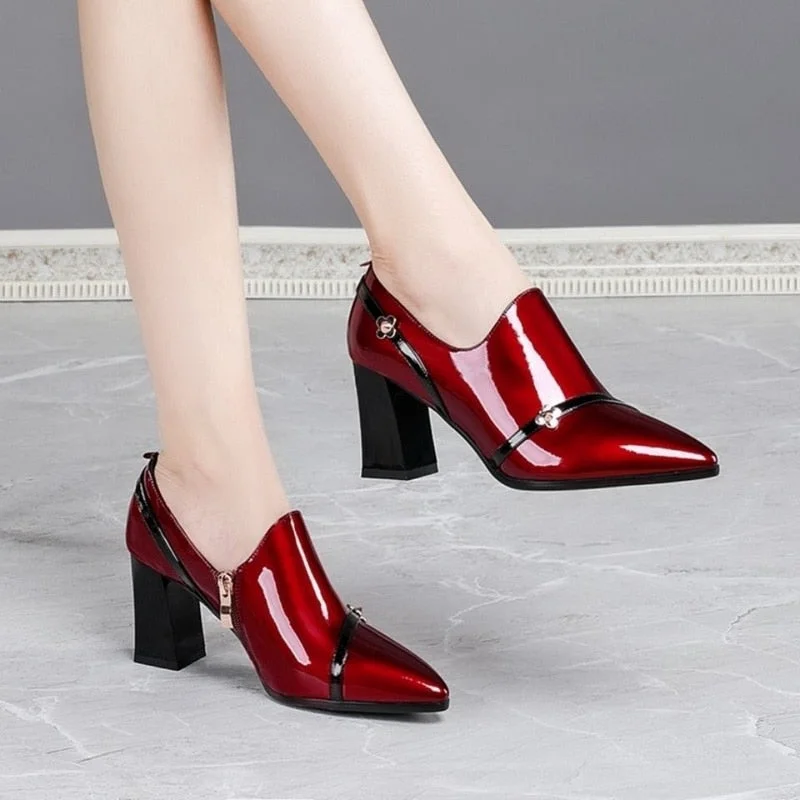 2020 New Autumn Shoes Woman High Heels Women's Pumps Soft Patent Leather Shoe Thick Heel Fashion Pointed toe Deep BLACK Wine-red