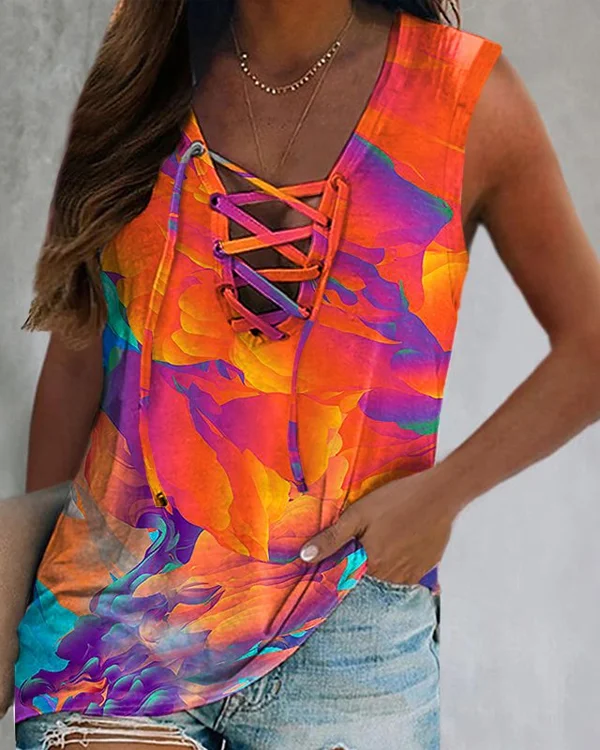 🔥kukelife🔥Colorful Orange Tie Dye Lace-up V-Neck Sleeveless Vest