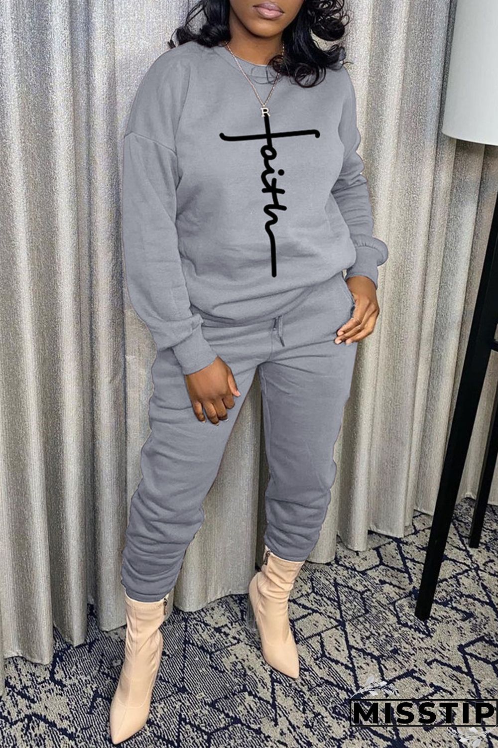 Black Fashion Casual Print Basic O Neck Long Sleeve Two Pieces