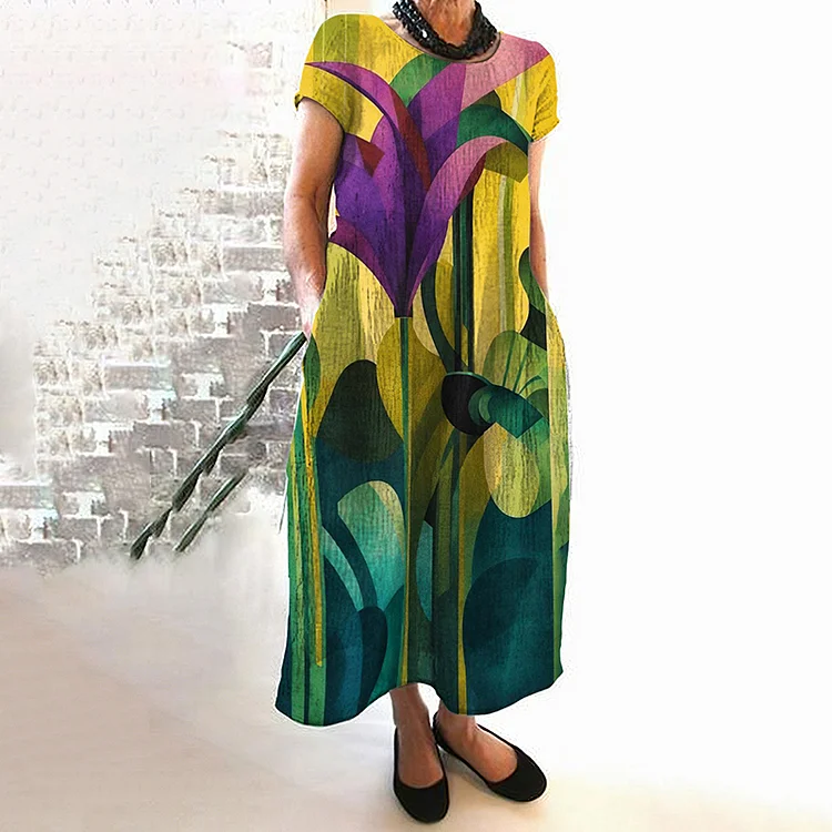 Casual Oil Painting Floral Round Neck Dress