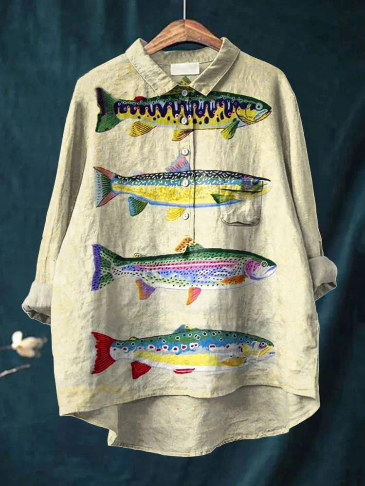 Women's Fish Art Print Casual Cotton And Linen Shirt