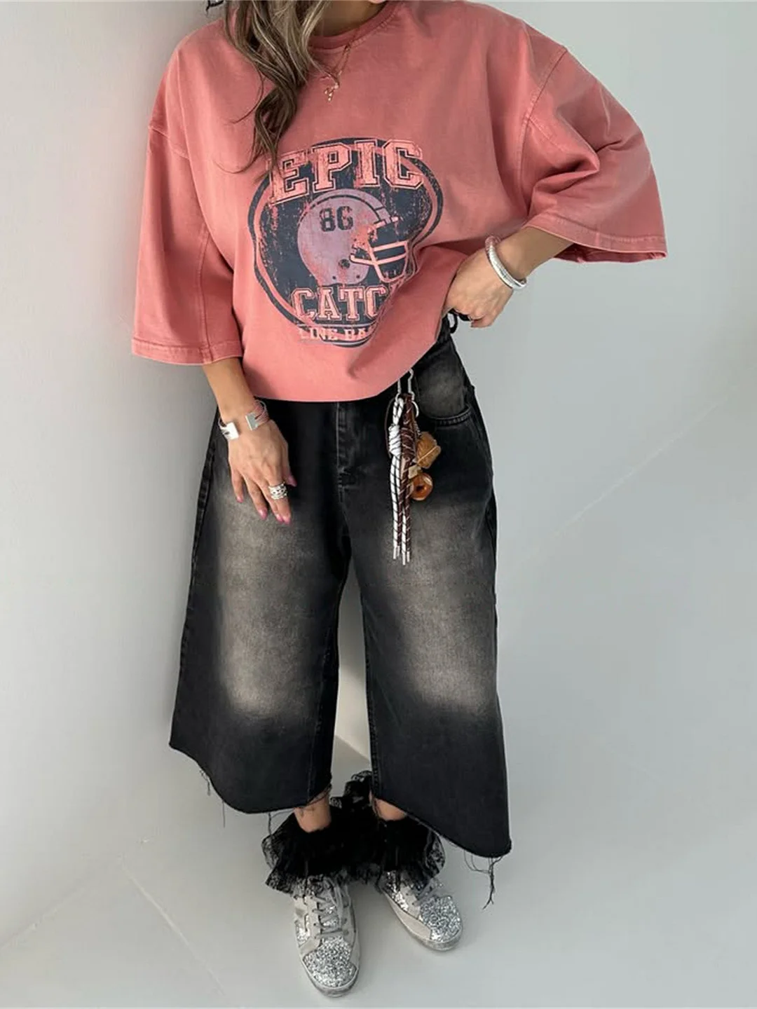 Athvotar Athvotar Street Trend Fashion To Do Old Washing Printing T-Shirt With Seven-Sleeve Top Loose Oversize Women