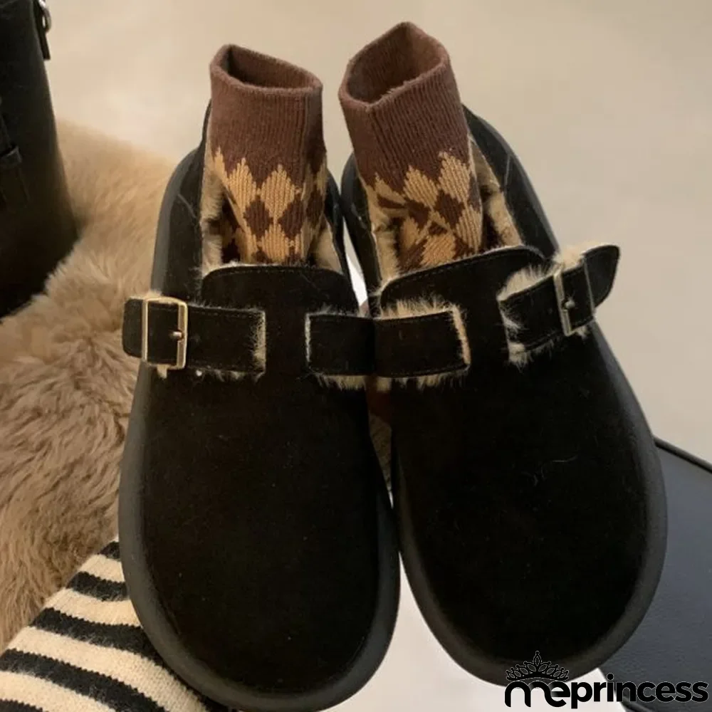 Women's Casual Solid Color Round Toe Flat Sole Plush Shoes