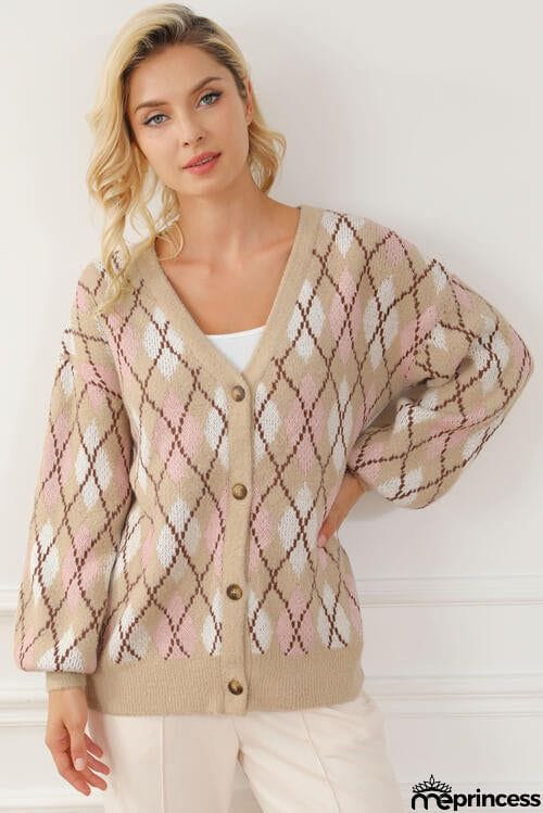 Button Up Geometric Dropped Shoulder Cardigan