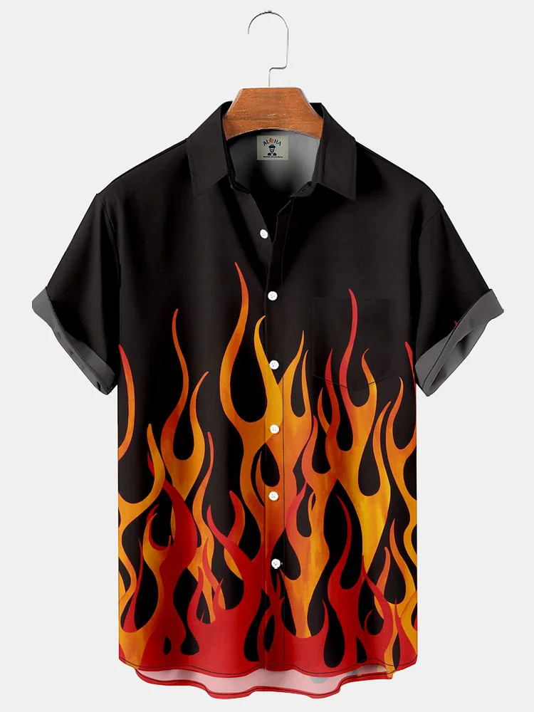 Trendy Flame Print Pocket Short Sleeve Bowling Shirt