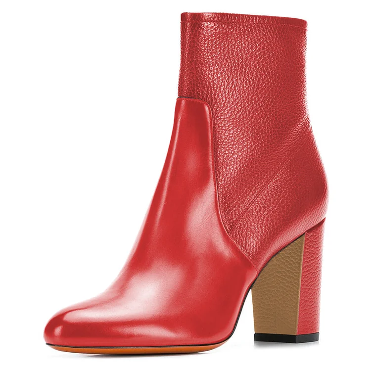 Red Joint Ankle Boots Side Zipper Chunky Heel Booties for Women |FSJ Shoes