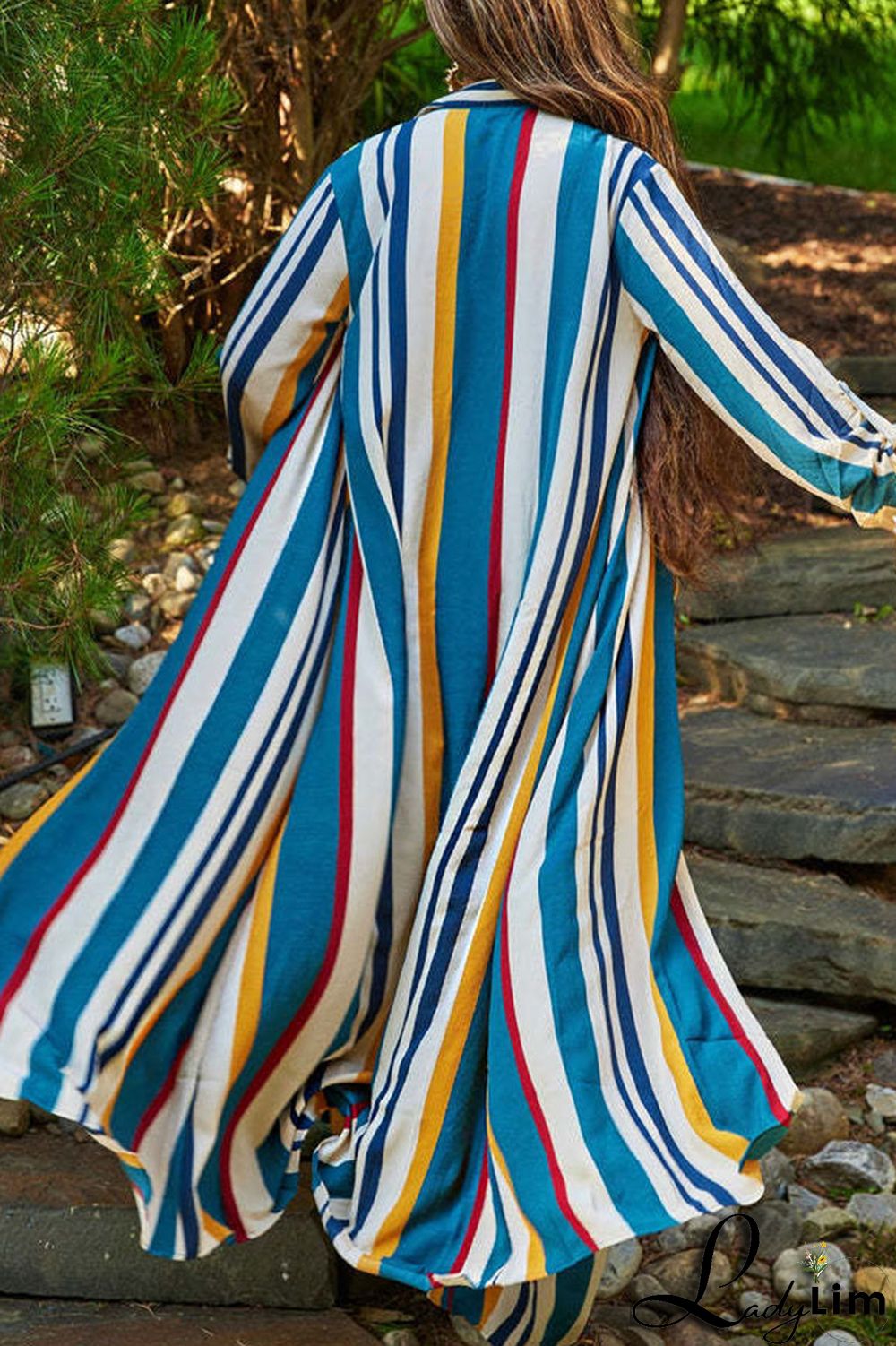 Sky Blue Casual Striped Print Patchwork Buckle Turndown Collar Long Sleeve Two Pieces