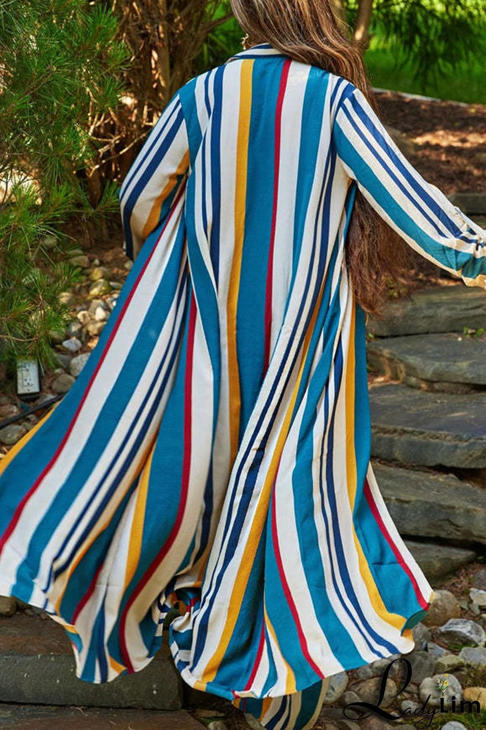 Sky Blue Casual Striped Print Patchwork Buckle Turndown Collar Long Sleeve Two Pieces