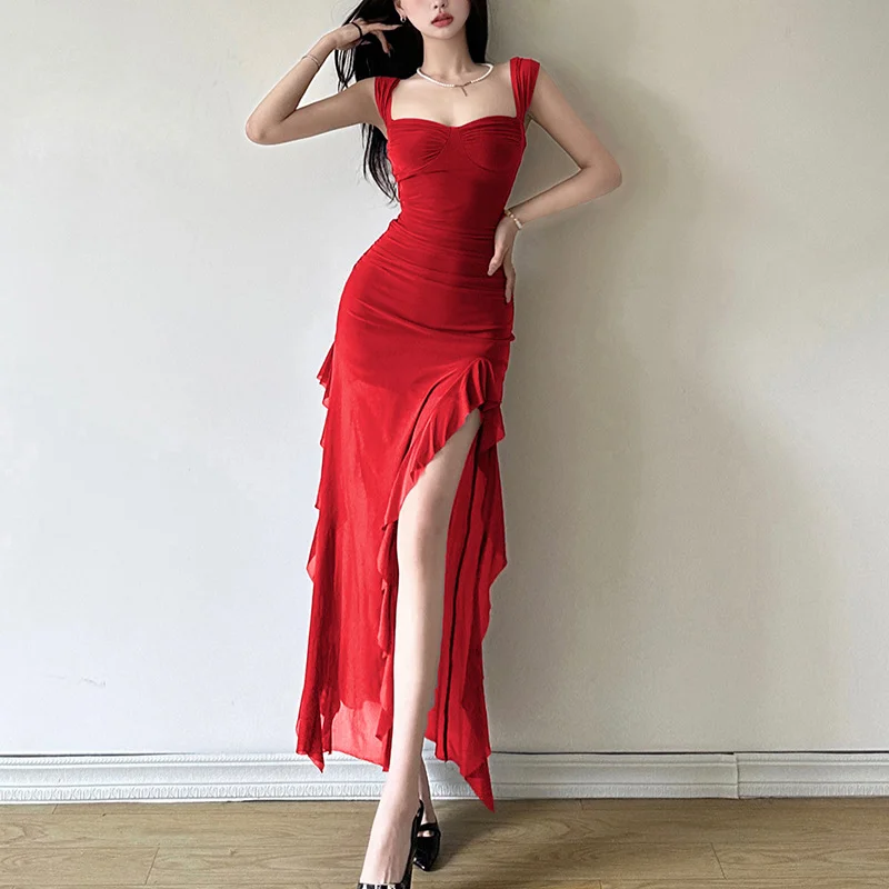 Uveng Spring 2024 New Women's Sexy Babes Sling With Chest Open Fork And Hips Long Dress