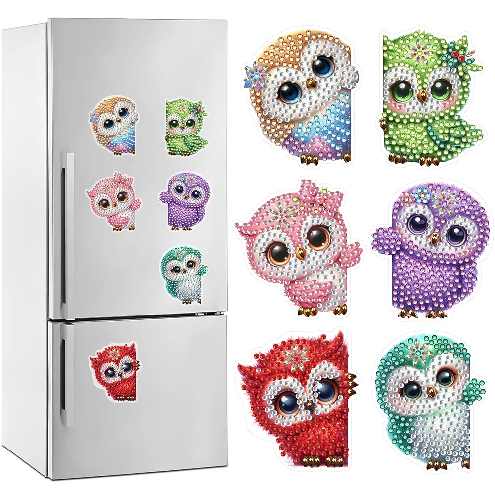 6 Pcs Cute Owl Diamond Painting Magnets Refrigerator for Kid Beginner