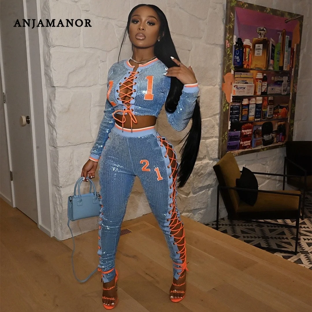 ANJAMANOR Sexy Bling Sequin Two Piece Set Club Outfits for Women Cut Out Lace Up Bandage Pants Crop Top Matching Sets D57-HH42