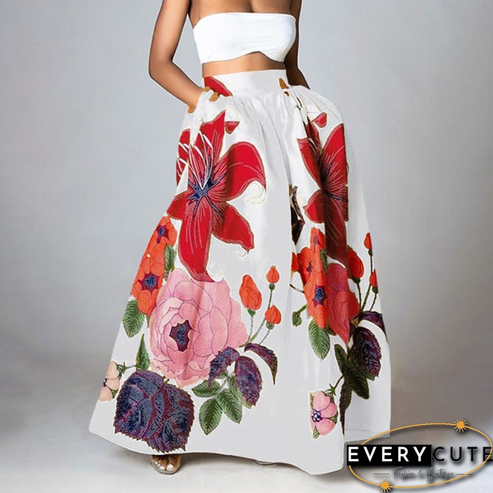 Elegant Elastic High Waist Pockets Umbrella Skirt Women Flower Print Party Maxi Skirts