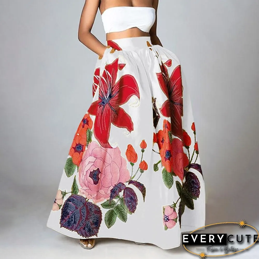 Elegant Elastic High Waist Pockets Umbrella Skirt Women Flower Print Party Maxi Skirts