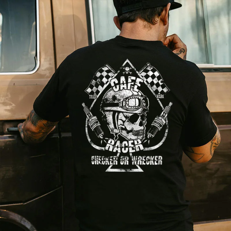 CAFE RACER CHECKER OR WRECKER Helmet Skull Print Men's T-shirt