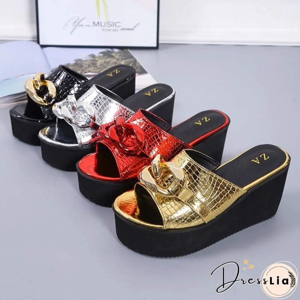 Back School Outfit Large Size For Womens Outer Wear New Wedge Heel Square Toe Metal
