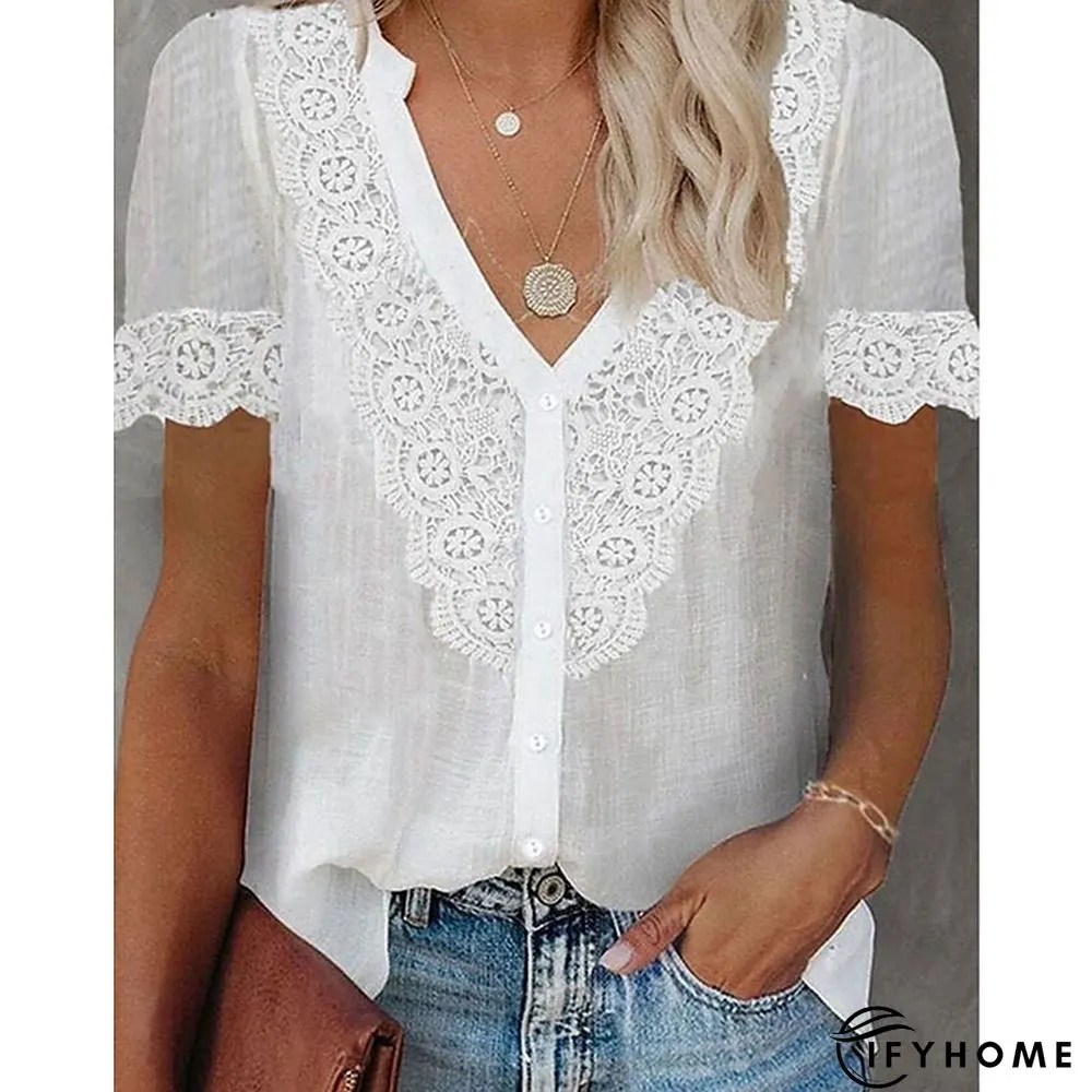 Womens Shirt Blouse Black White Pink Plain Lace Patchwork Short Sleeve Daily Weekend | IFYHOME