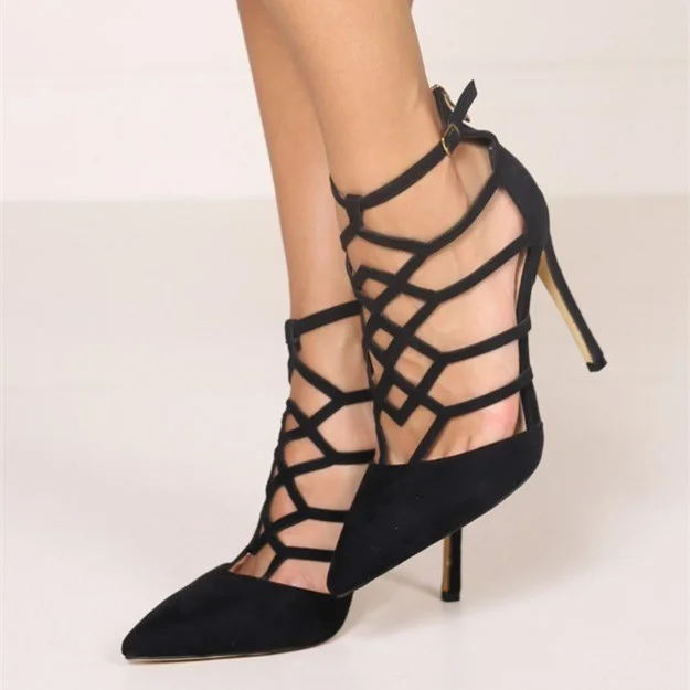Black Hollow-out Ankle Strap Stiletto Sandals with Pointy Toe Vdcoo