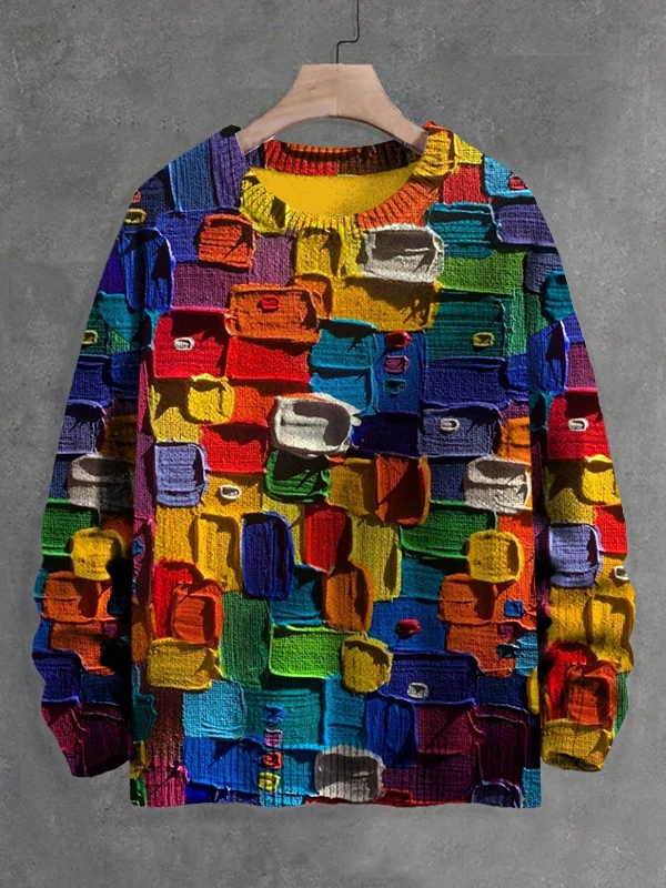 Men's Paint Stacking Splicing Art Print Knit Sweatshirt