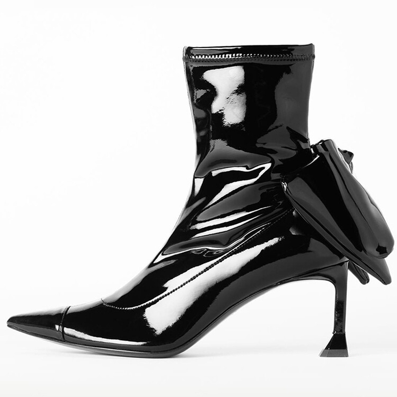 GOOSHOE Big Bow-knot Women Short High Heels Ankle Boots Bright Mirror Leather Stiletto Dress Shoes Pointed Toe Pumps