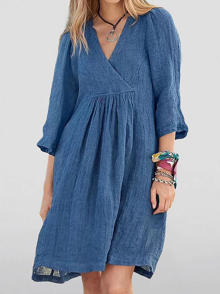 Women's Three-Quarter Sleeve V Neck Loose Casual Dress