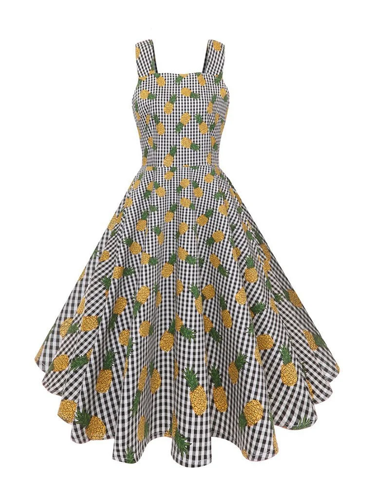 50s Retro Plaid Sundress Hawaiian Print Midi Big Swing Dress