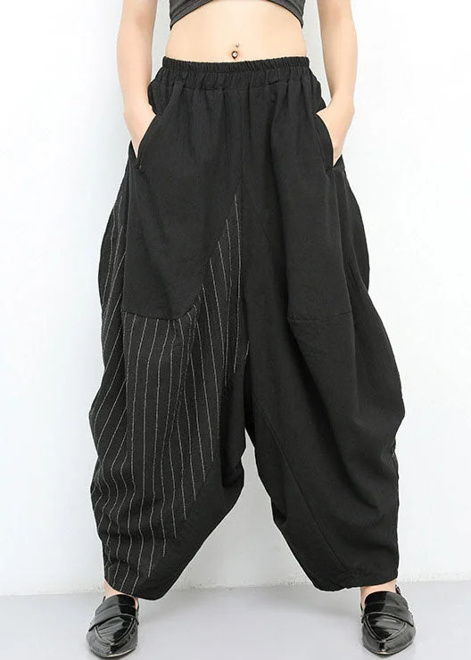 Fine Black Patchwork Striped Cotton Pants Spring