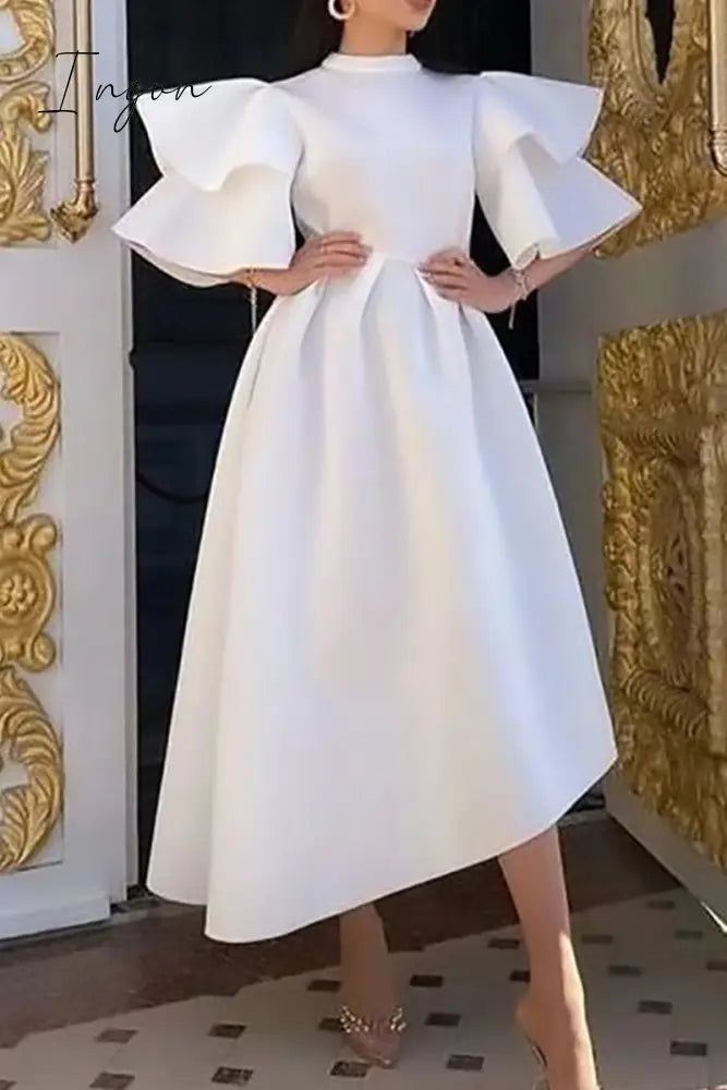 Ingvn - Casual Solid Patchwork Half A Turtleneck Irregular Dress Plus Size Dresses White / Xl