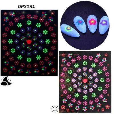 Nail Stickers Back Glue Fluorescent Light Colorful Geometric Bow Flowers Designs Nail Decal Decoration Tips For Beauty Salons
