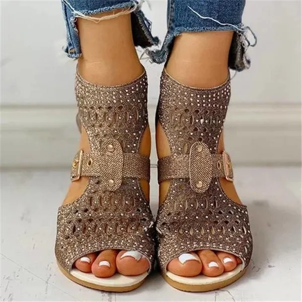 Studded Hollow Out Peep Toe Buckled Sandals