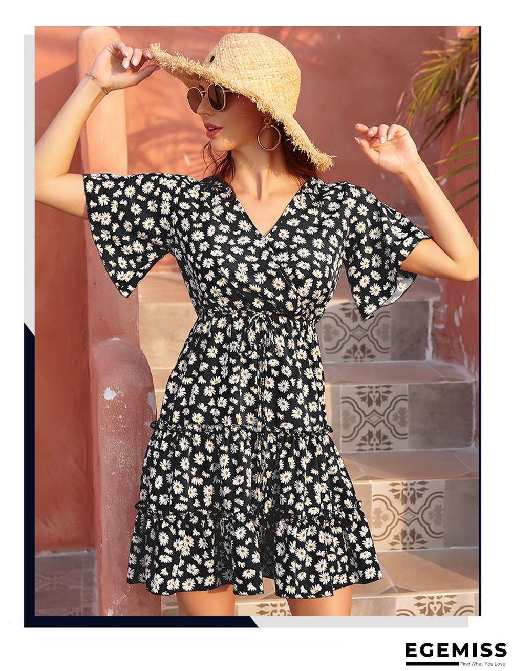 Women's Chiffon V-neck Lace Up Dress Casual | EGEMISS