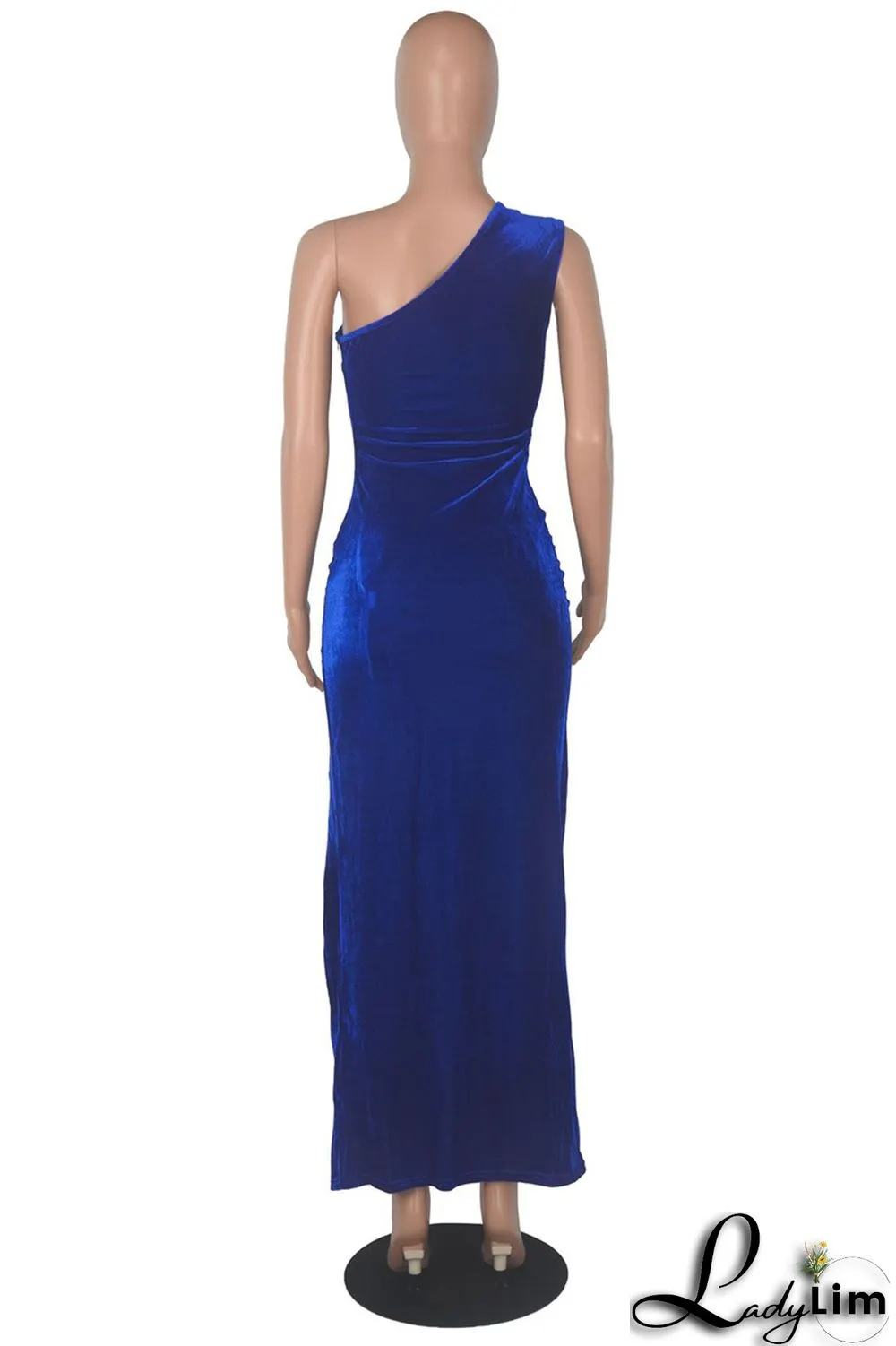 Blue Fashion Sexy Solid Backless Slit Oblique Collar Sleeveless Dress